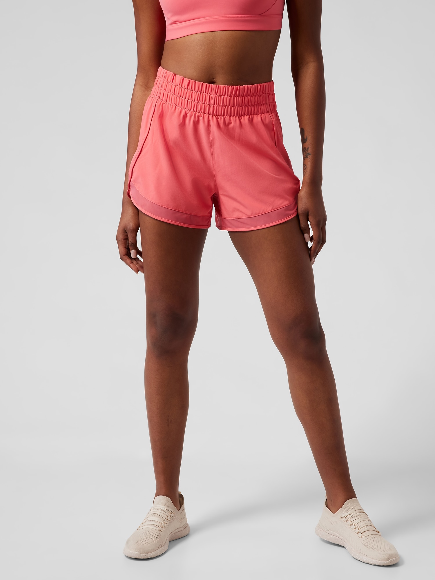 Athleta High Rise Mesh Racer Run 3&#34 Short orange. 1