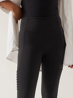 Navy blue, moto leggings with no front or back pockets. 68% cotton