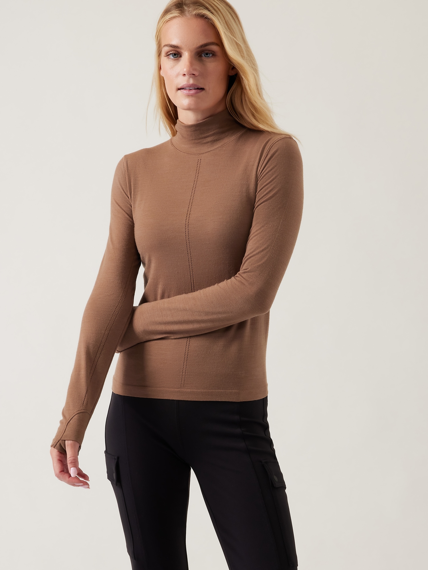 Athleta Ascent Seamless Turtleneck beige. 1