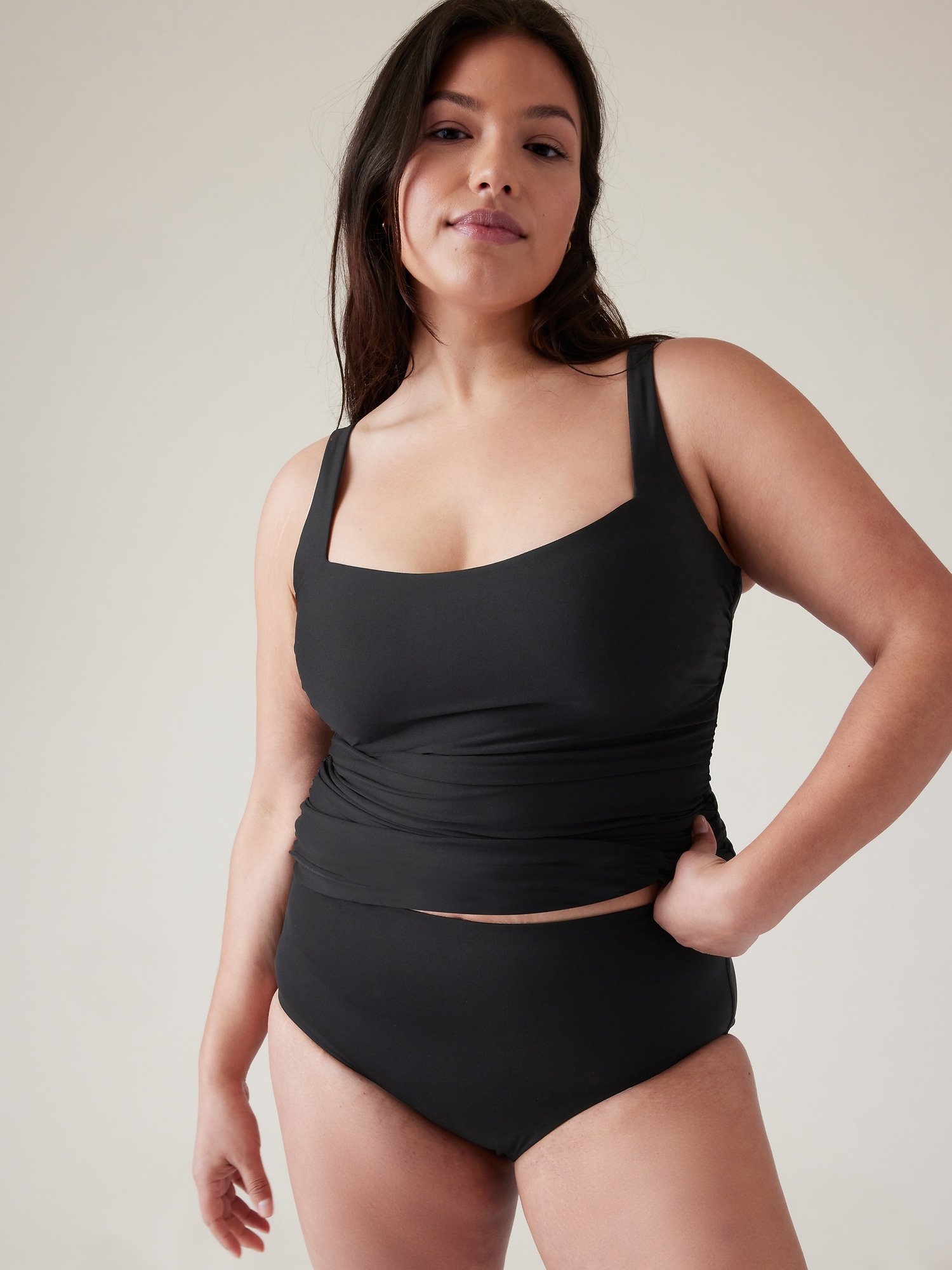 Women's Athletic Blouson Tankini Swimsuit Removable Soft Bra-Black And –  Yonique