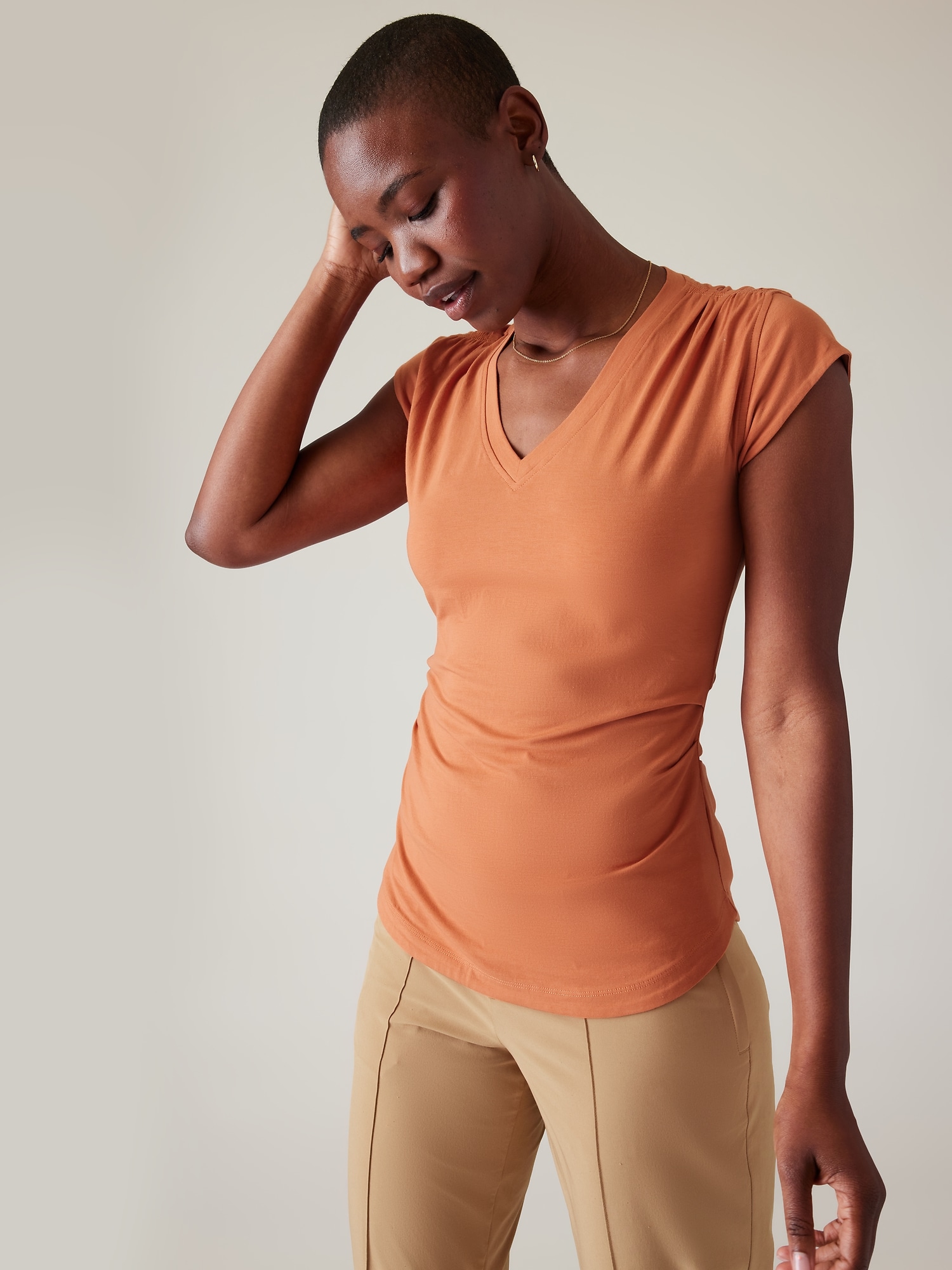 Athleta Outbound V Neck Tee orange. 1