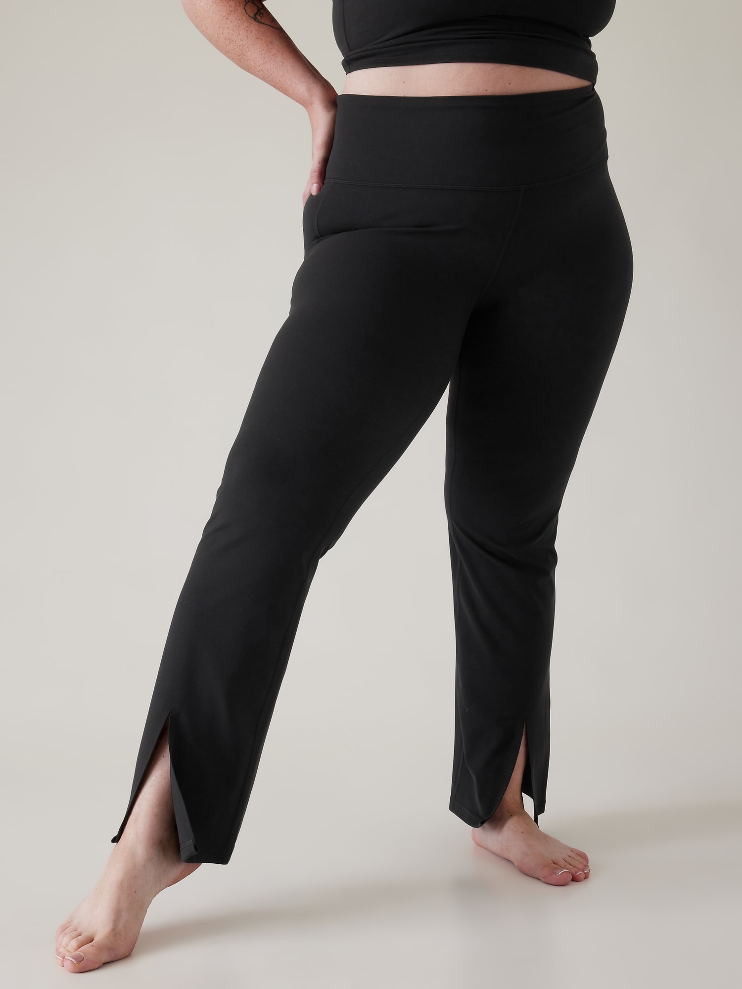 Split Hem Rib-Knit Leggings Soft Tummy Control Slimming Yoga Pants