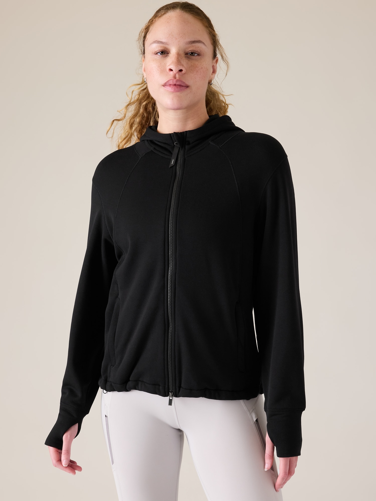 Hooded sweater with a big pleated neckline, thumb holes, black