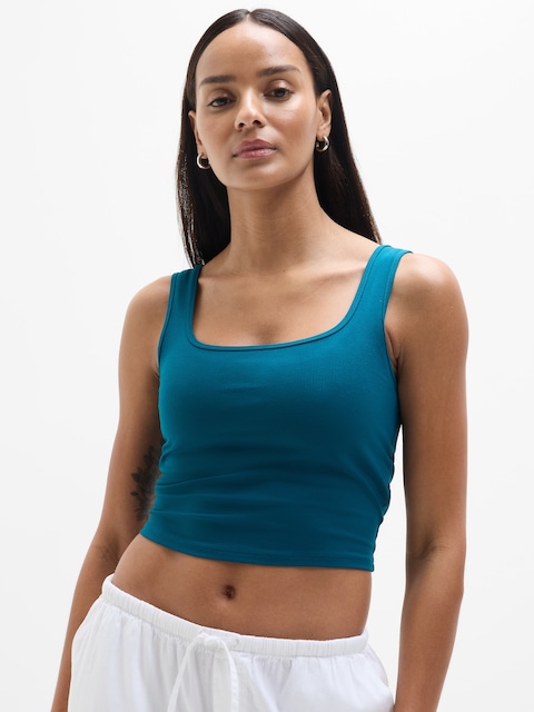 Signature Rib Square Neck Crop Tank - Blue