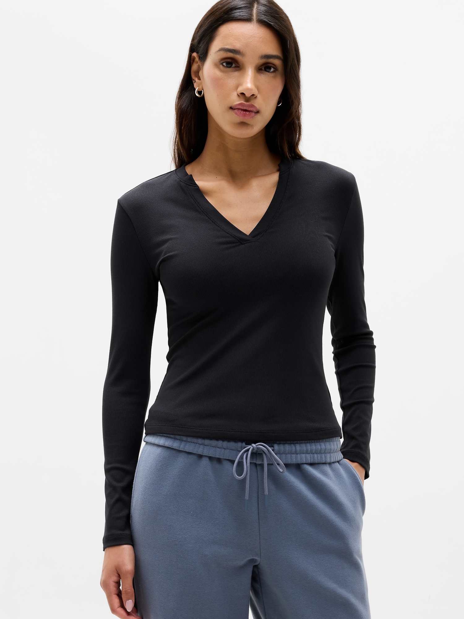 Athleta Women's Signature Rib V-Neck Top Black Size L