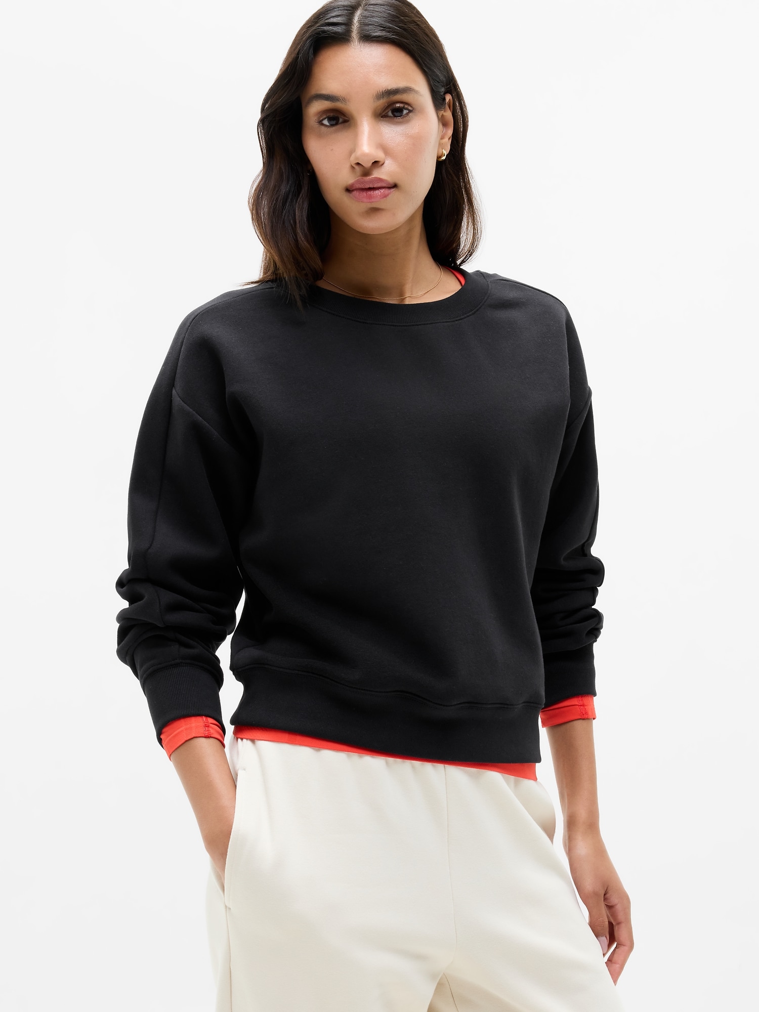 Athleta Women's Forever Fleece Classic Crew Sweatshirt Black Tall Size L